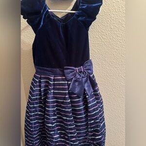 Jona Michelle Navy Blue Velvet Dress with Striped Skirt and Bow 6